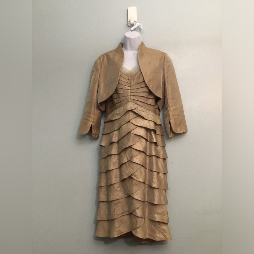Adrianna Papell Tan Tiered Ruffle V-Neck Mini Dress